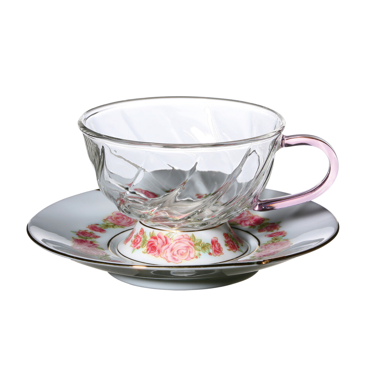 Nana, 7 oz Glass Tea Cup and Saucer - Rosy Heart - Pavilion